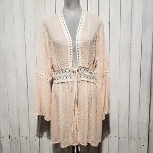 Aolro L Kimono Top Peach Swiss Dot Lace Crochet Beachy Whimsy Fairy Cottage Boho
